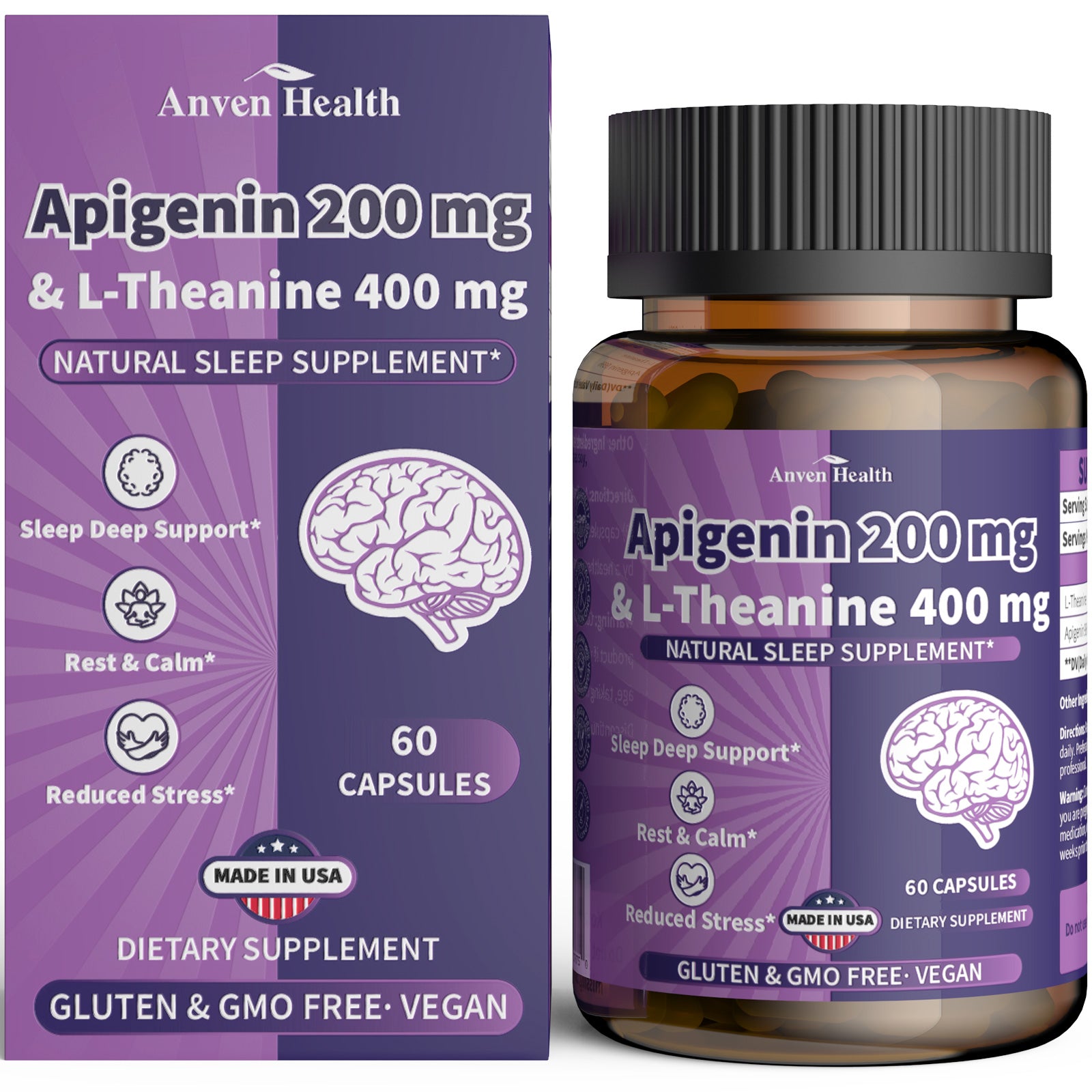 Relax naturally with Apigenin 200mg & L-Theanine 400mg. Supports deep sleep, stress relief, and calm. Vegan, gluten-free, made in the USA.