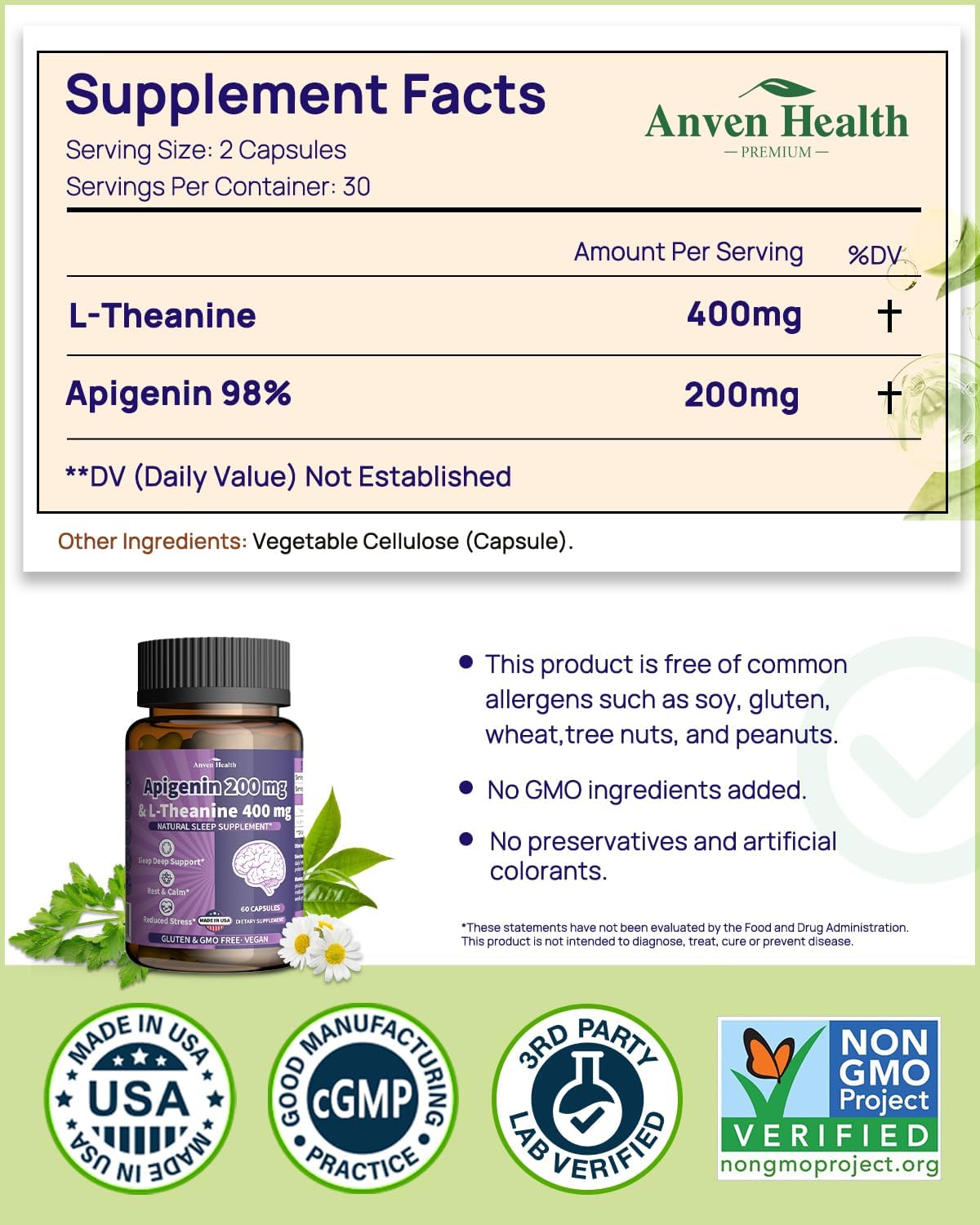 400mg L-Theanine with 200mg Apigenin Supplement for Sleep-Natural Relaxation & Stress Relief - Gluten Free,Non-GMO, Zero Fillers - Made in USA | 60 Veggie Capsules