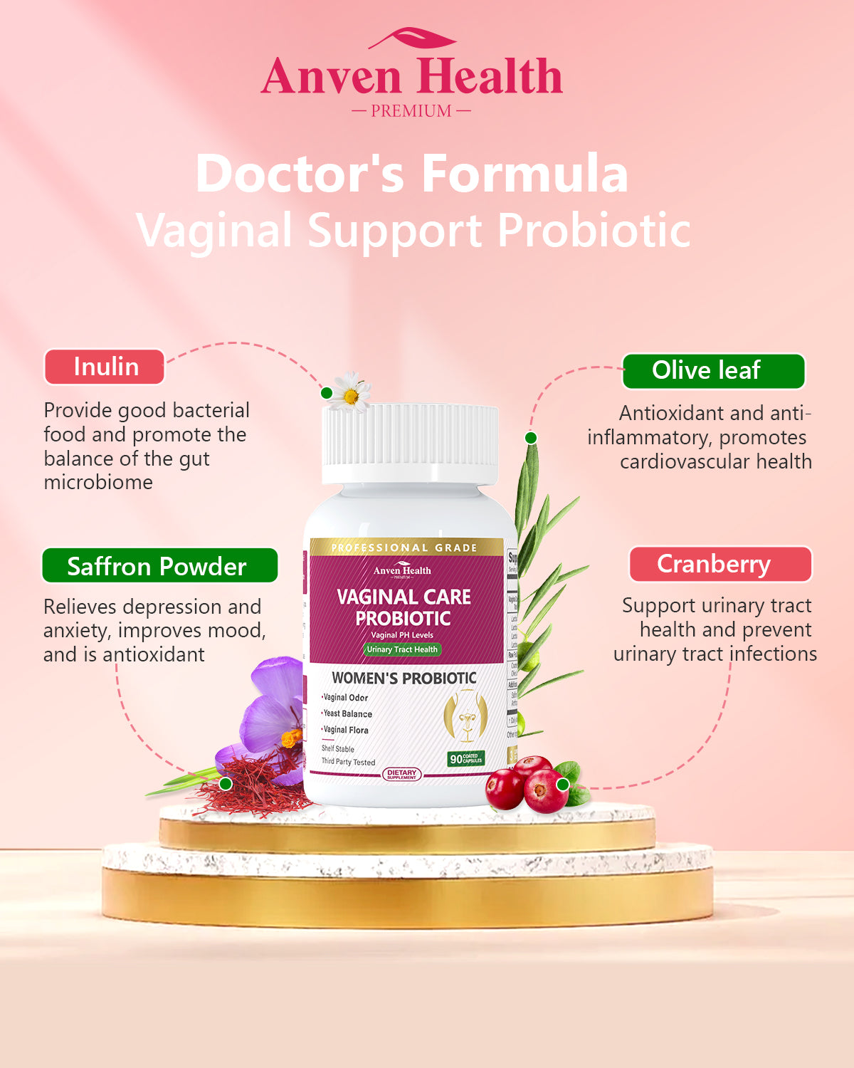 Vaginal Probiotics for Women - 60 Billion Women's Probiotic, Saffron, Lecithin, Chasteberry, Cranberry & Olive Leaf Extracts for Vaginal Flora, Odor, Yeast, Bloating & Gut Health | 90 Veggie Caps