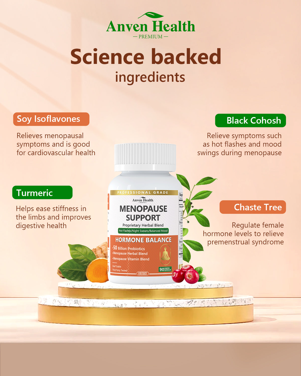 Menopause Probiotics for Women - Menopause Relief, Supports Hormone Balance, Hot Flashes, Night Sweats, Bloating & Gut Health with Herbs, Collagen Peptides, Vitamin B6 & D3 | 90 Veggie Caps