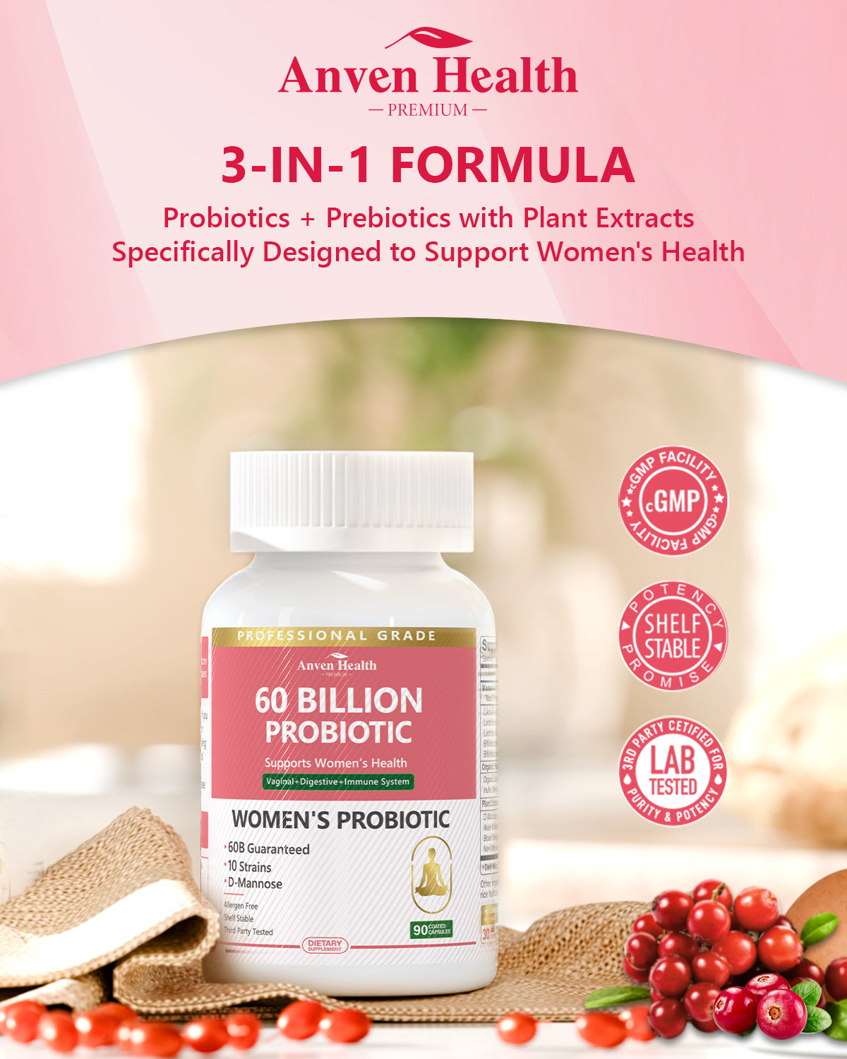 Probiotics for Women - 60 Billion Women's Probiotic & Organic Prebiotics with Cranberry Extract & D-Mannose for Gut, Digestive, Immune Health, Supports Vaginal and Urinary Wellness丨90 Veggie Caps