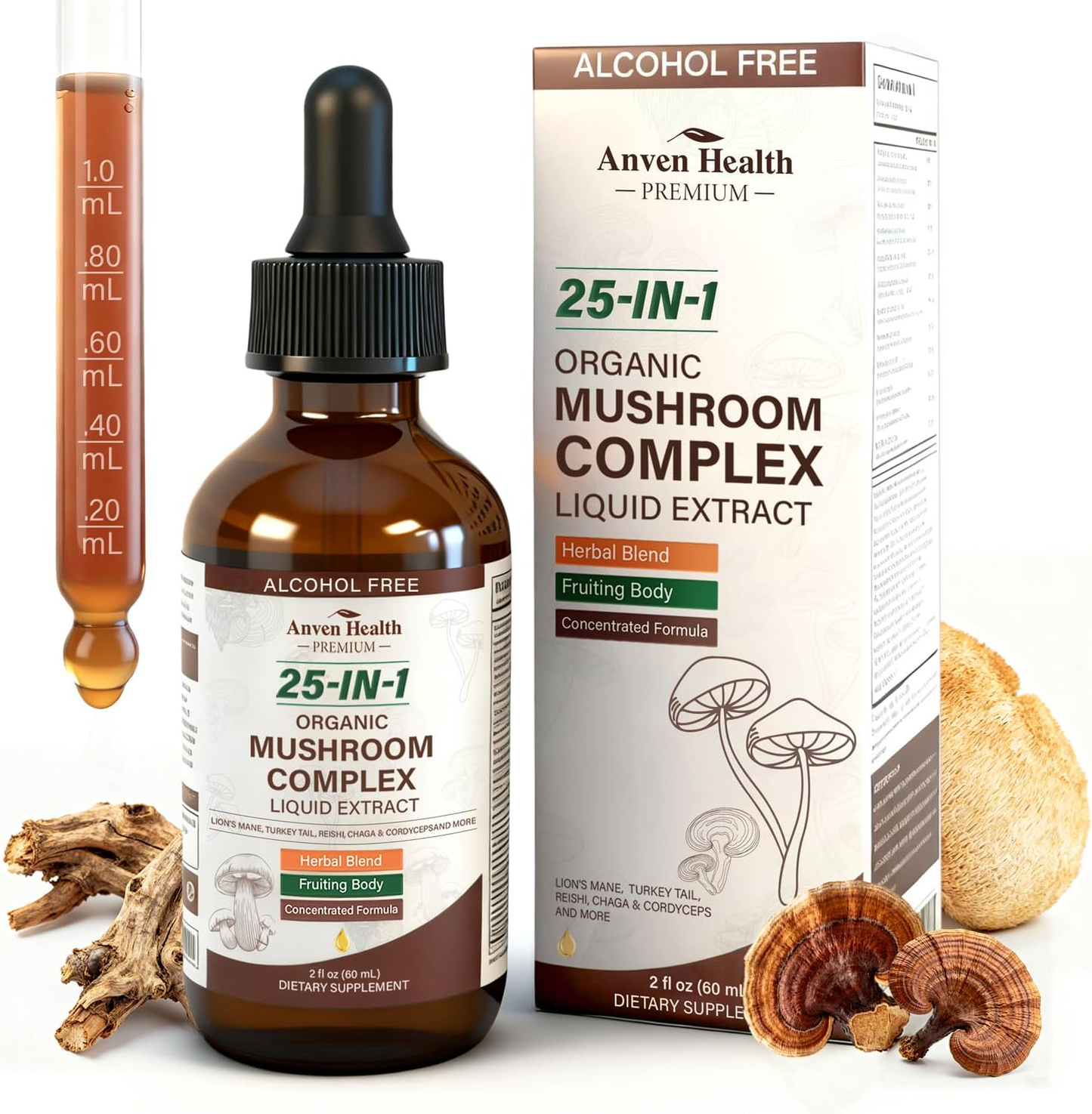 25-in-1 Organic Mushroom Complex Supplement Liquid Drops with Ashwagandha, Lion's Mane, Reishi, Chaga, Cordyceps, Turkey Tail Tincture for Immunity, Energy & Cognition