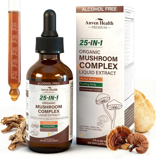 25-in-1 Organic Mushroom Complex Supplement Liquid Drops with Ashwagandha, Lion's Mane, Reishi, Chaga, Cordyceps, Turkey Tail Tincture for Immunity, Energy & Cognition