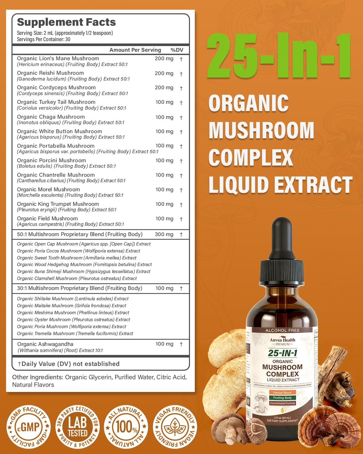 25-in-1 Organic Mushroom Complex Supplement Liquid Drops with Ashwagandha, Lion's Mane, Reishi, Chaga, Cordyceps, Turkey Tail Tincture for Immunity, Energy & Cognition