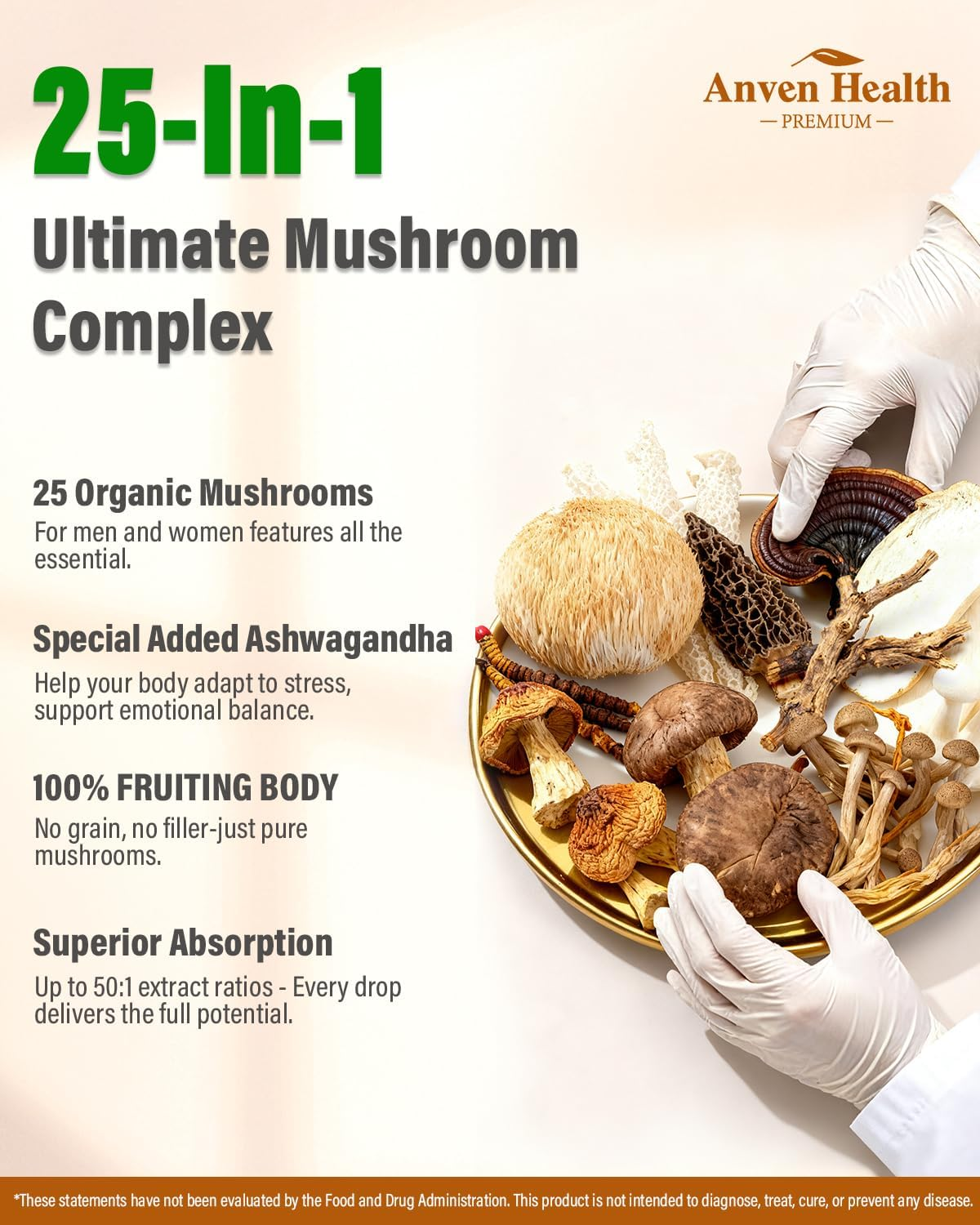 25-in-1 Organic Mushroom Complex Supplement Liquid Drops with Ashwagandha, Lion's Mane, Reishi, Chaga, Cordyceps, Turkey Tail Tincture for Immunity, Energy & Cognition
