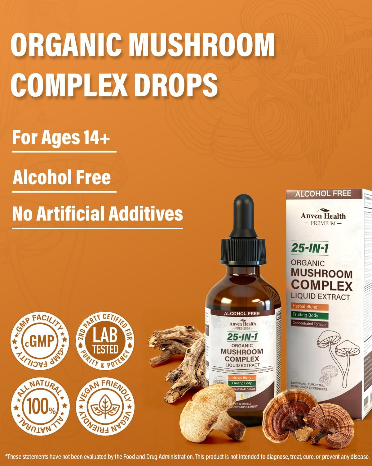 25-in-1 Organic Mushroom Complex Supplement Liquid Drops with Ashwagandha, Lion's Mane, Reishi, Chaga, Cordyceps, Turkey Tail Tincture for Immunity, Energy & Cognition