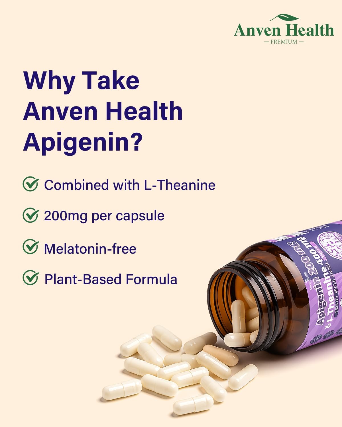 L-Theanine 200mg with 200mg Apigenin Supplement for Sleep-Natural Relaxation & Stress Relief - Gluten Free,Non-GMO, Zero Fillers - Made in USA | 60 Veggie Capsules