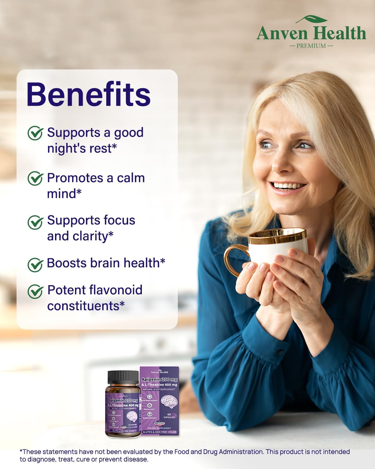 400mg L-Theanine with 200mg Apigenin Supplement for Sleep-Natural Relaxation & Stress Relief - Gluten Free,Non-GMO, Zero Fillers - Made in USA | 60 Veggie Capsules