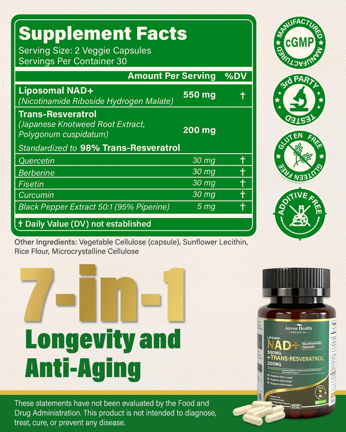 Supplement facts label for a 7-in-1 longevity and anti-aging supplement with a bottle and capsules on a beige background.