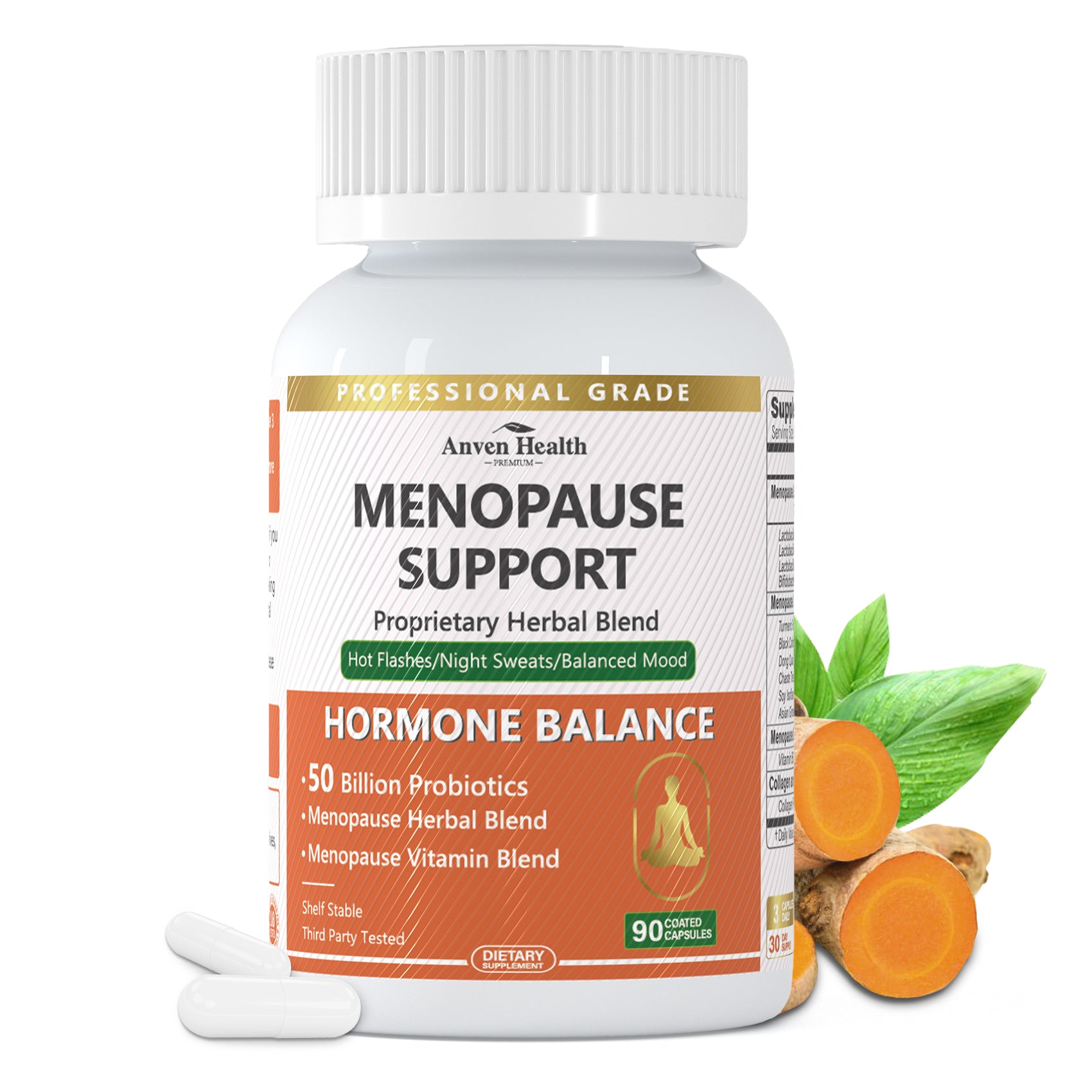 A bottle of Menopause Probiotics for Women with 90 veggie caps, featuring an herbal blend, collagen peptides, and vitamins B6 and D3. The label shows probiotics, herbs, and vitamins.