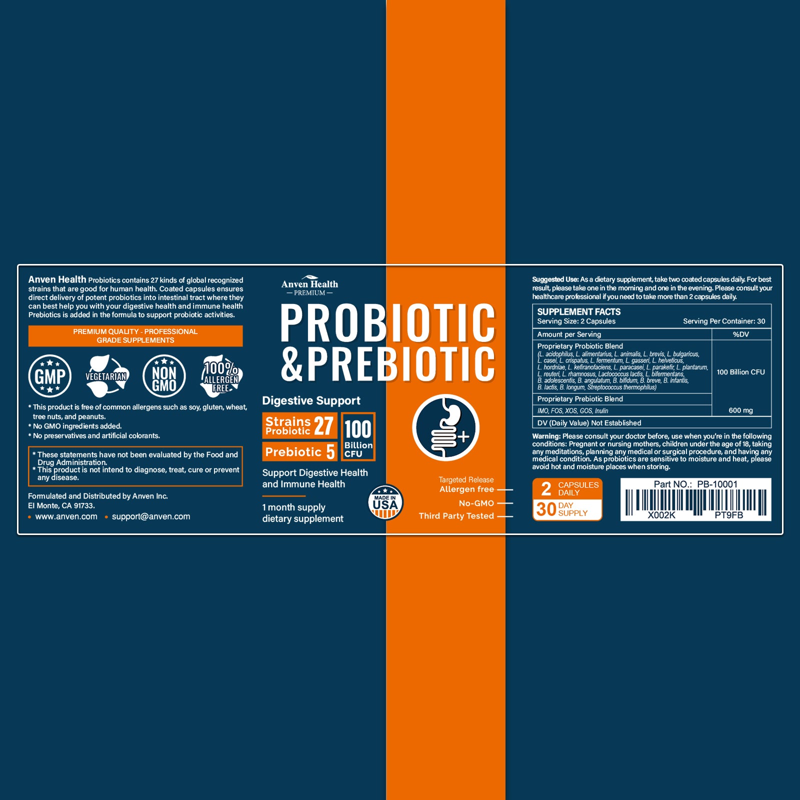 Probiotics for Women, Men, 100 Billions CFU, 27 Strains, 5 Prebiotics, Natural; Shelf Stable Probiotic Supplement with Organic Prebiotic, Acidophilus Probiotic; 60 Capsules