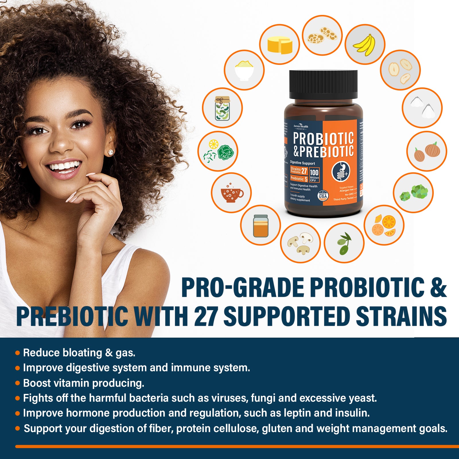 Probiotics for Women, Men, 100 Billions CFU, 27 Strains, 5 Prebiotics, Natural; Shelf Stable Probiotic Supplement with Organic Prebiotic, Acidophilus Probiotic; 60 Capsules
