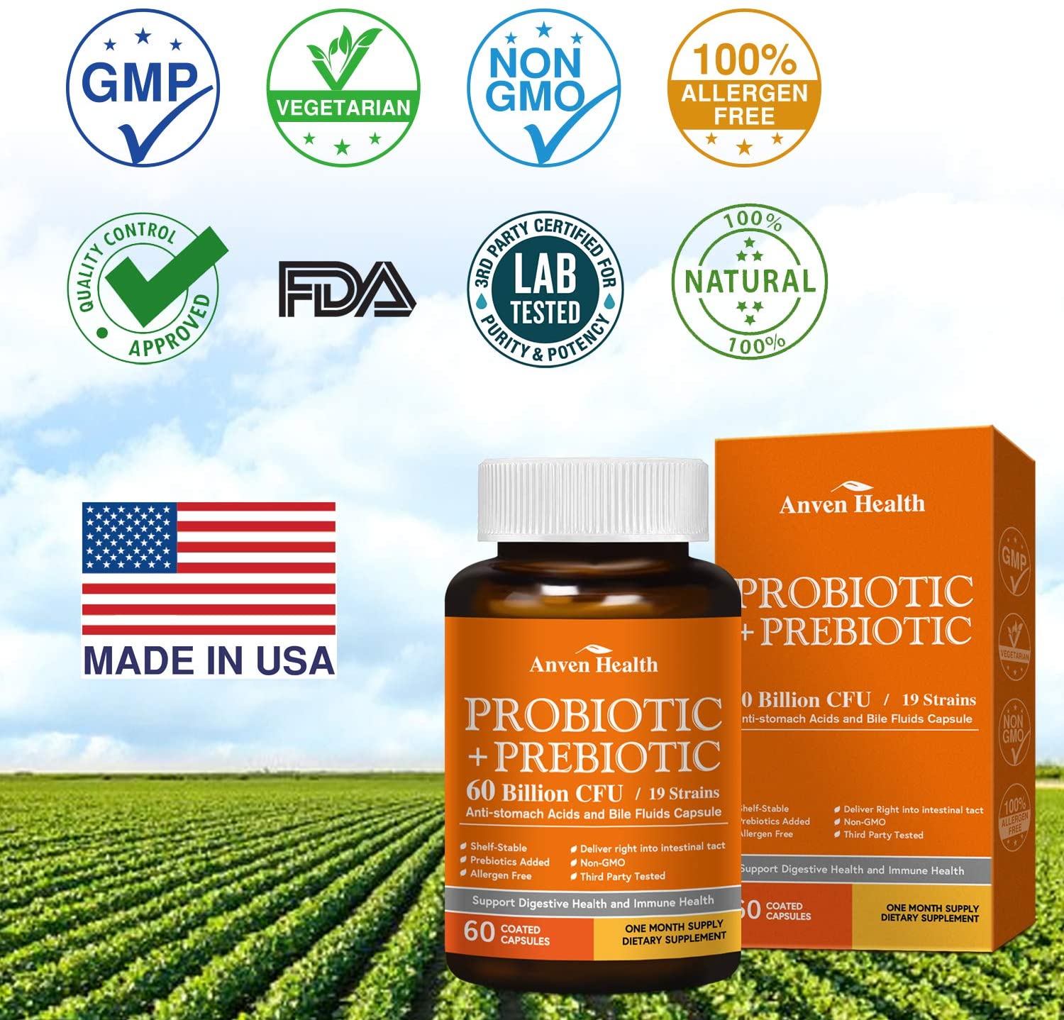 Probiotics 60 Billion CFU 19 Strains and 5 prebiotics, ANVEN HEALTH 60 Veggie Capsules, Targeted Release Technology, Stomach Acid Resistant, No Need for Refrigeration, Non-GMO, Gluten Free