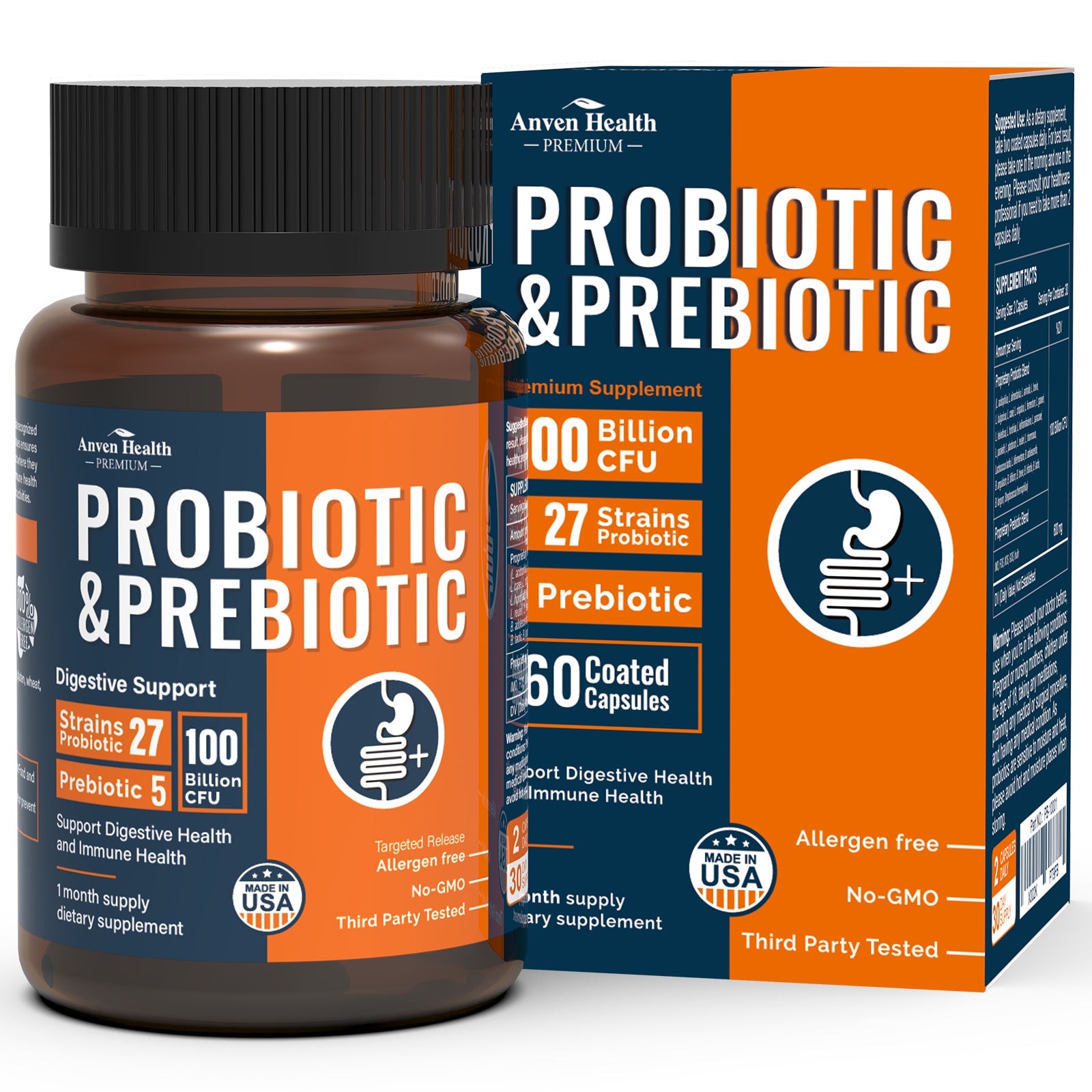 Anven Health Probiotic & Prebiotic – 100 Billion CFU with 27 strains + 5 prebiotics. Boosts gut & immune health. Allergen-free, non-GMO, tested for purity.